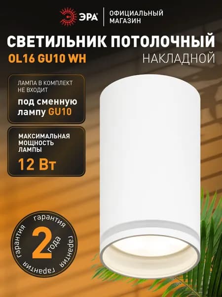Спот потолочный ЭРА OL16 GU10 WH под лампу GU10 50 Вт, белый / Светильник накладной в спальню, прихожую, на кухню
