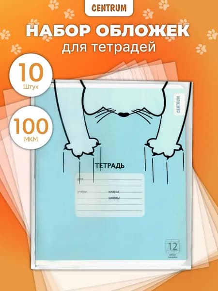 Обложки школьные для тетрадей, книг, учебников, дневников Котик, набор 10 шт., 213*350 мм, 100 мкм