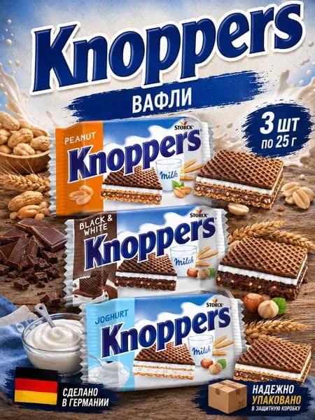 Knoppers, Вафельное печенье Black & White, Peanut и Joghurt, 3 шт х 25 г
