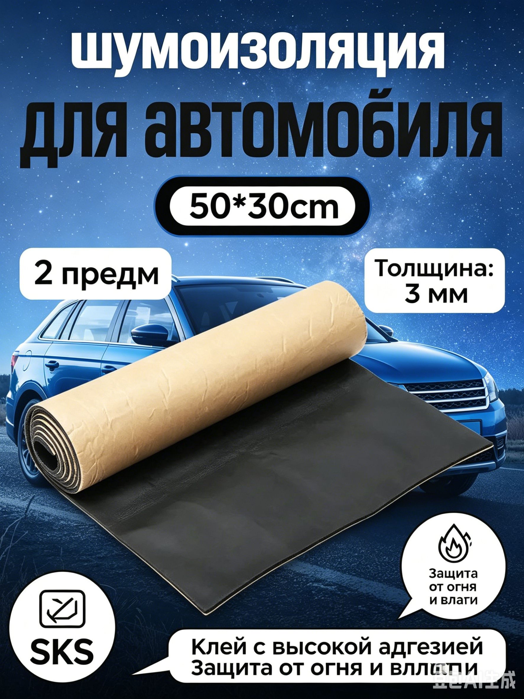 Шумоизоляция автомобильная, 0.5 м, толщина: 3 мм, 2 шт.