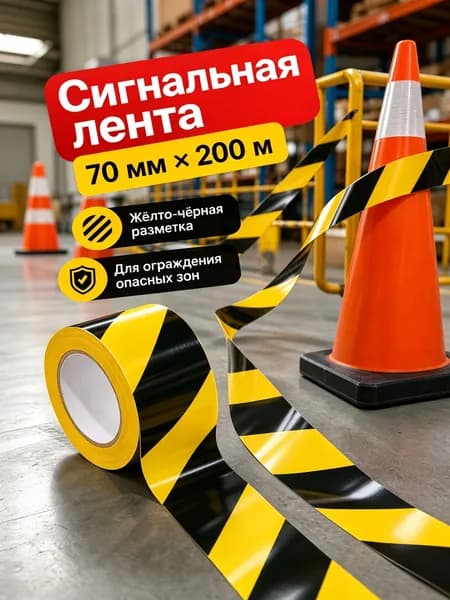 лента для ограждения сигнальная черно-желтая 70мм х 200 м, 1 шт