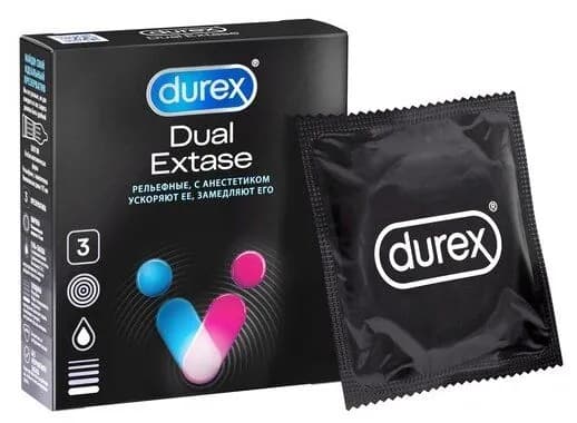 Durex Презервативы Дюрекс Dual Extase №3 # Ребристые, без вкуса, 3 штук, натуральный латекс, анатомическая форма, комбинированная поверхность, силиконовая смазка, анестетик
