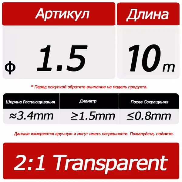 Прозрачная термоусадочная трубка, диаметр 1.5 мм, 10 метров