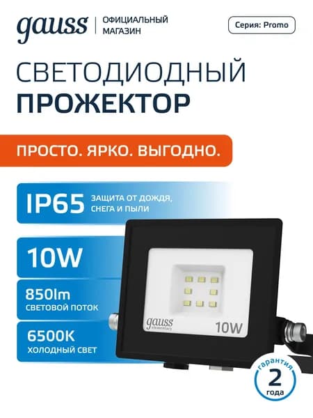 Прожектор светодиодный уличный 10Вт холодный белый свет 6500К IP65 Gauss Elementary
