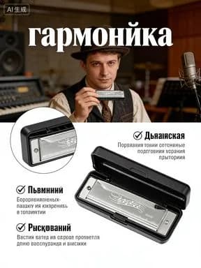 Губная гармошка диатоническая, серебряная