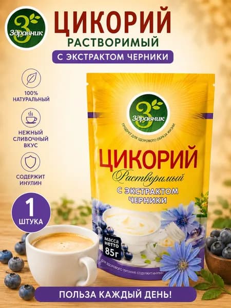 ЗДРАВНИК Цикорий растворимый с экстрактом Черники, содержит натуральные растительные экстракты, 85 г.