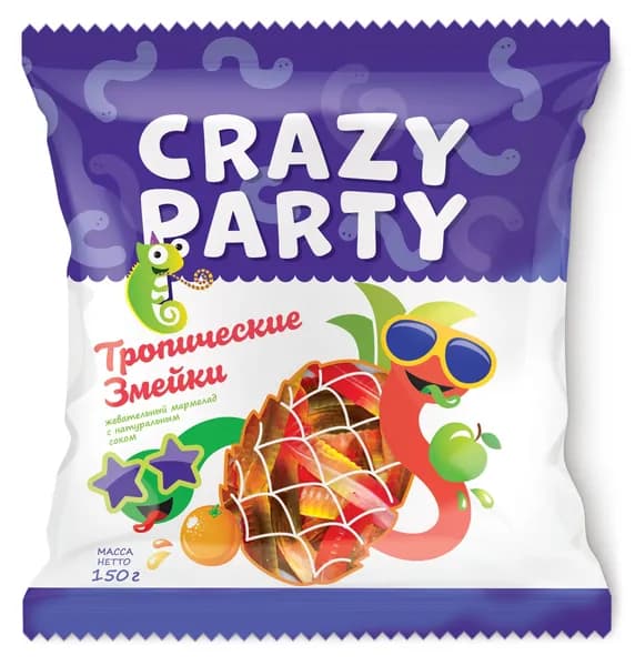Мармелад жевательный фигурный "Crazy Party" Ассорти Тропические Змейки/Червячки, для детей и взрослых, 150 г