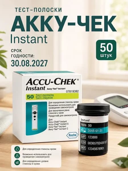 Тест-полоски "Акку-Чек Инстант" (Accu-Chek Instant), 50 штук срок годности 08.2027