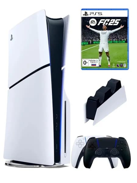 PS5 (ПС5) Игровая приставка Sony PlayStation 5 Slim +2-й геймпад(черный)+зарядное+FIFA24, 1000ГБ