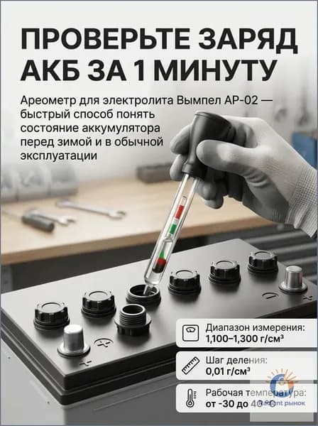 Ареометр для АКБ Вымпел АР-02 стеклянный 1,1001,300 г/см для проверки плотности электролита