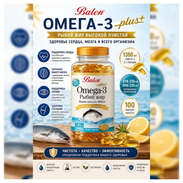 Balen Fish Oil Omega-3 Plus, 100 капсул Высококачественная добавка для поддержки работы сердца, мозга и зрения