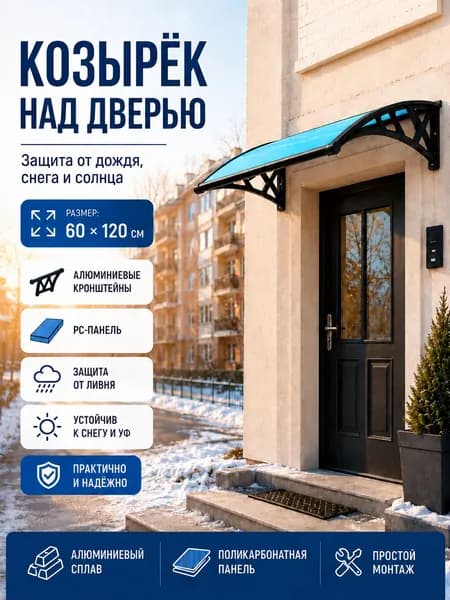Навес-козырёк 60х120 см, алюминий + поликарбонат, защита от снега и ливня, для входа и окон, чёрный/синий