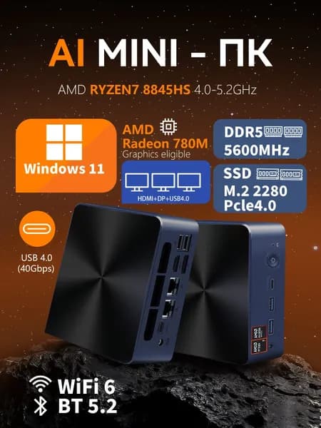 BRENUC Мини-ПК N7P (AMD Ryzen 7 8845HS, RAM 8 ГБ, SSD 512 ГБ, AMD Radeon 780M, Windows 11 Pro), N7P 8845HS, темно-синий
