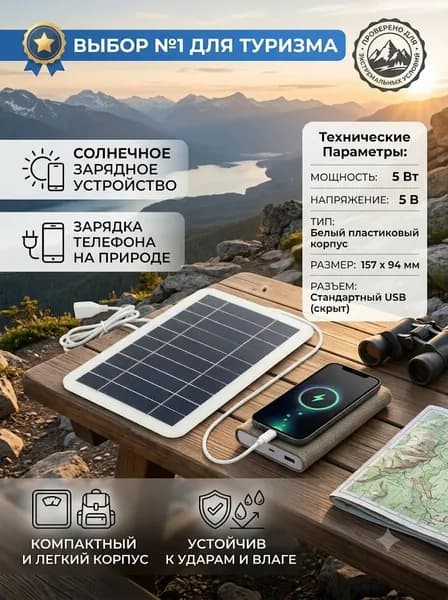 Солнечная панель портативная 5 Вт 5 В с USB-выходом, водонепроницаемая IP65 для кемпинга и походов, 157 94 мм