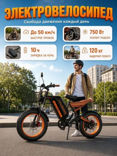 Электровелосипед V6, скорость 50 км/ч, акб Литий-ионный 48 V 28.6Ah, пробег 60-70 км