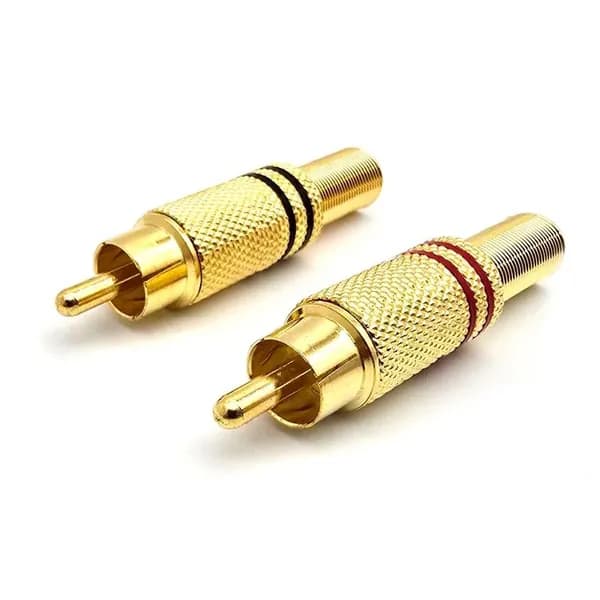 Штекер RCA тюльпан металл, D-6мм, под пайку, золото, пружина антизалом, красное / черное кольцо, комплект - 2шт