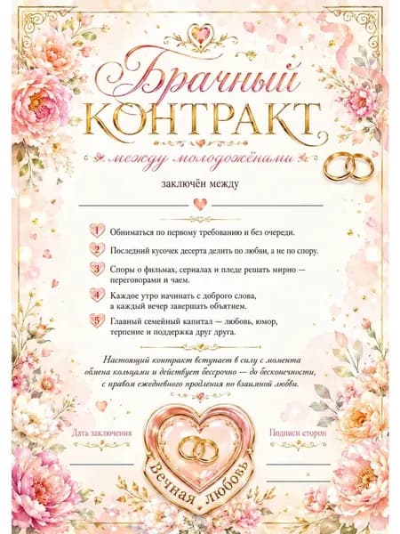 Подарок на свадьбу молодоженам грамота Брачный контракт