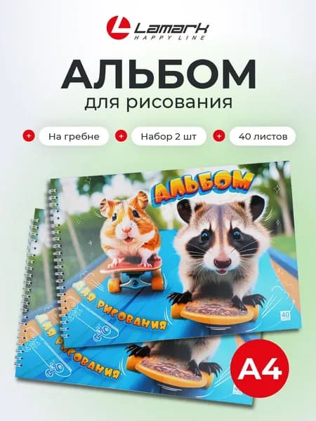 Альбом для рисования А4, 2 шт по 40 листов, на гребне LAMARK Гонка на скейтах, 100г/м2