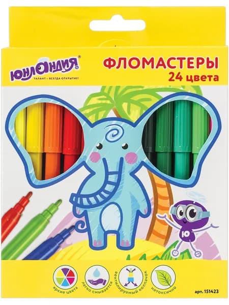 Фломастеры стираемые 24 шт Юнландия Экзотика, вентилируемый колпачок, цветные, 151423