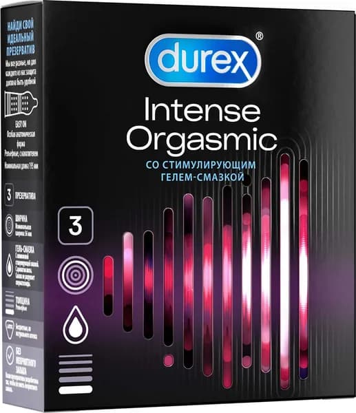 Презервативы Durex / Дюрекс Intense Orgasmic рельефные из латекса со стимулирующим гелем-смазкой и ароматом мяты 3шт.