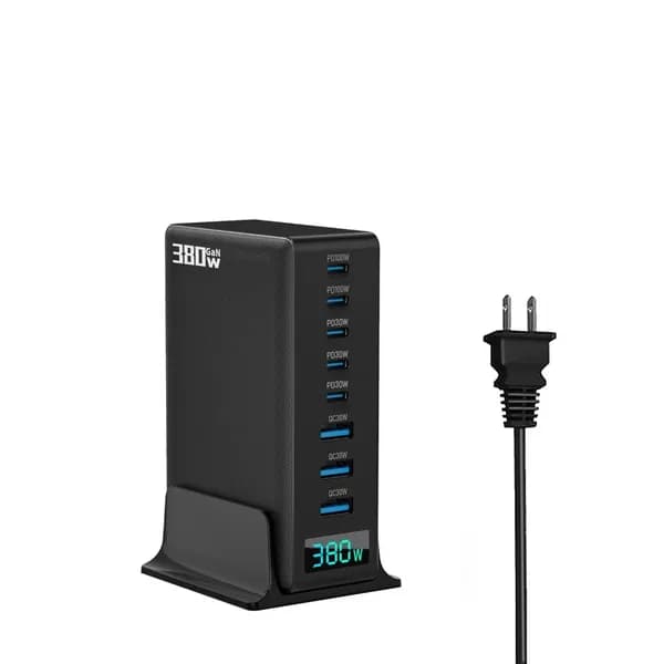 8 Порт 380W Зарядное устройство с интеллектуальной технологией чипсов 5 USB C и 3 A, Черный