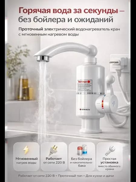 Проточный водонагреватель кран мгновенный нагрев воды 3000Вт