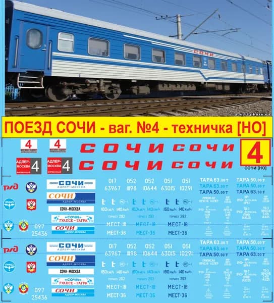 2д-Декаль - Поезд СОЧИ; Вагон № 4 - Техничка. Блок№4