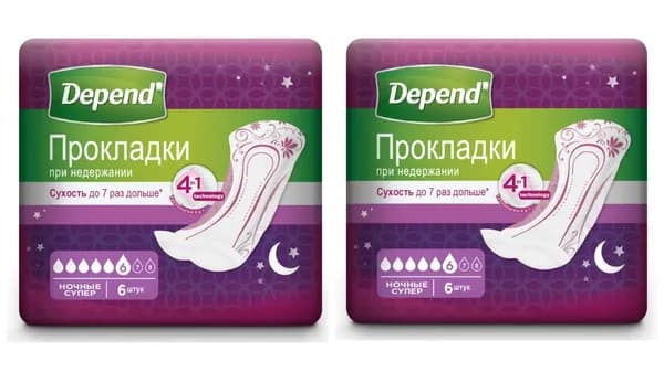Depend Прокладки при недержании женские Ночные, 6 шт в уп, 2 упаковки