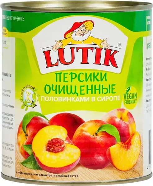 Персики LUTIK половинки в сиропе, очищенные, 850мл