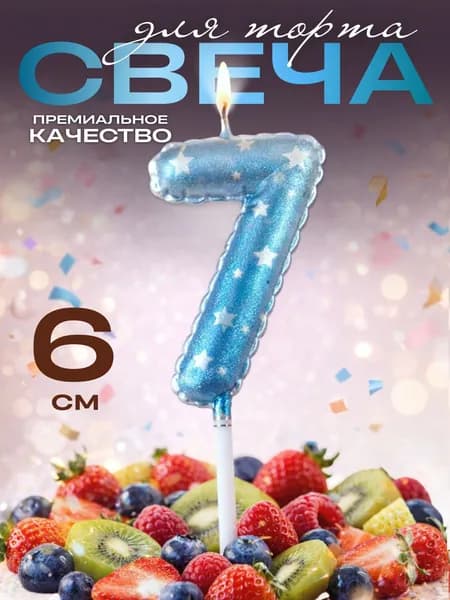 Свечи для торта цифры, свеча цифра 7, в виде шара, цвет голубой