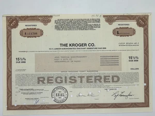 Ценная бумага США Супермаркеты The Kroger Co. , 1990е года. Ценная бумага №12