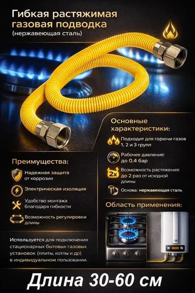 Подводка для газа растяжимая 3/4'' г/г (30 см - 60 см) FlexiGas