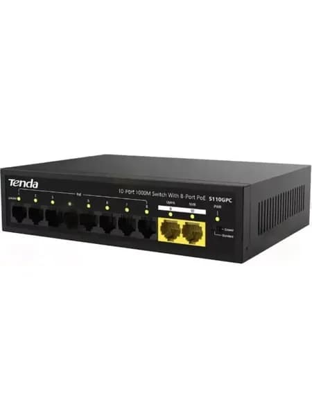 Tenda Сетевое оборудование S110GPC Коммутатор неуправляемый PoE, 10 портов, 8x100 Мбит с, 2х1 Гбит с, PoE 8х30 Вт до 80 Вт , настольный, металлический
