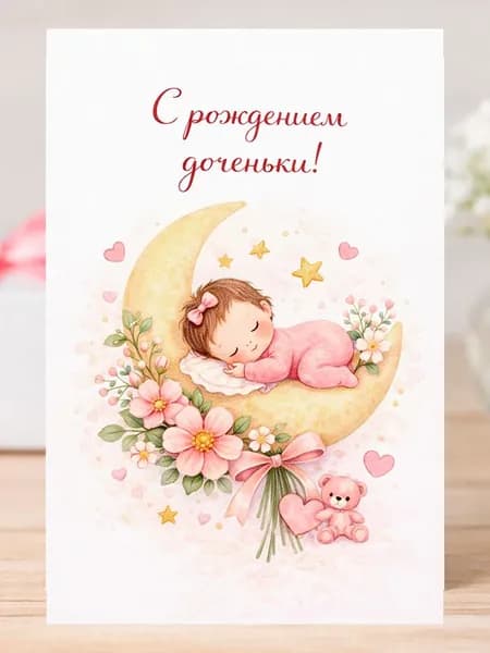 Открытка "С рождением доченьки!", милая акварельная для новорождённой девочки, на выписку, с конвертом, 10х15 MiloCards