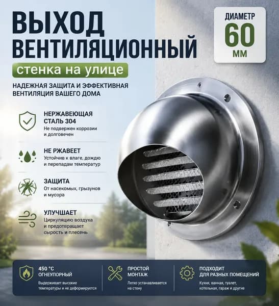 Стенной выход с решеткой и сеткой, 60 мм, из нержавеющей стали 304