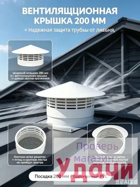 Зонт вентиляционный, дефлектор 200 мм круглый, вентиляционная крышка и оголовок-грибок для труб и вытяжки