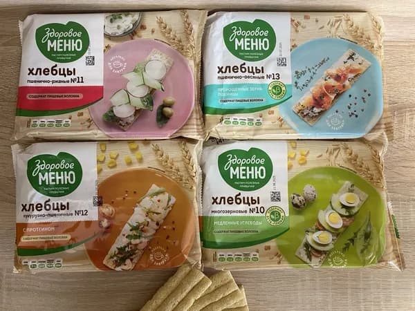 Набор хлебцов 4-х вкусов с протеином и пищевыми волокнами:пшенично-овсяные,пшенично-ржаные,кукурузно-пшеничные,многозерновые по 90 г (Здоровое меню)