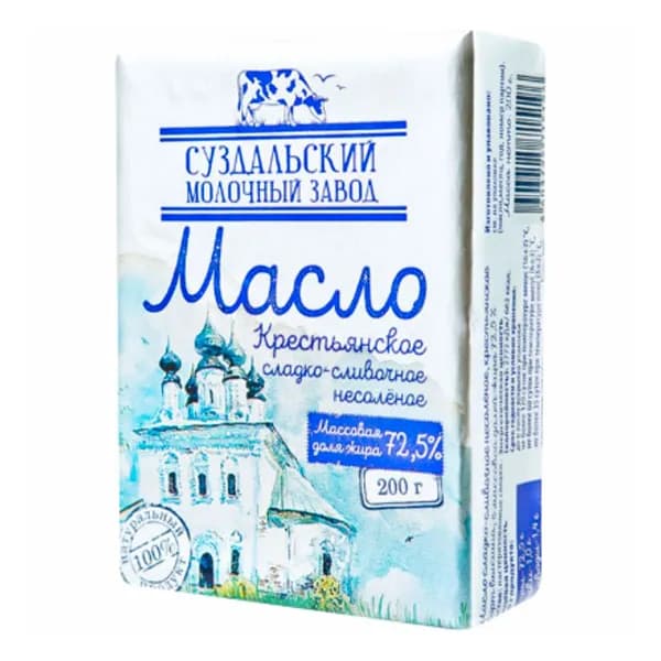 Сладкосливочное масло несоленое Суздальский молочный завод Крестьянское 72,5% БЗМЖ 200 г