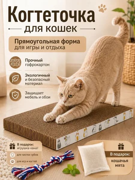 Когтеточка для кошек картонная большая просторная домик-лежанка с напольным ковриком, не сыпется, прочная, для котов и котят
