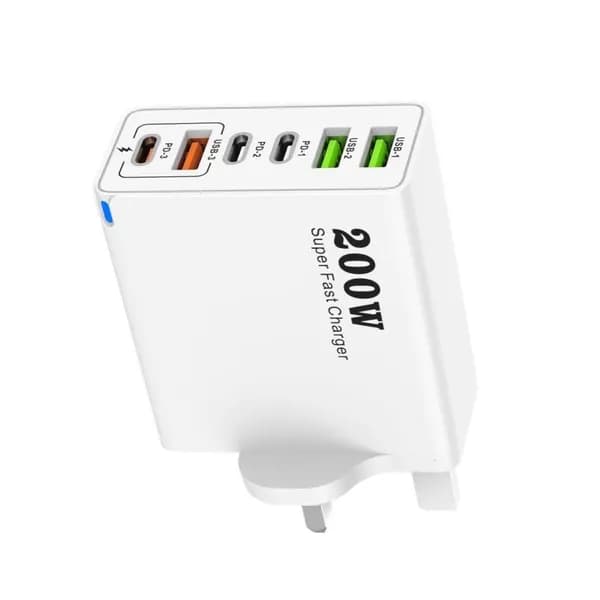 200W GaNs Быстрое зарядное устройство 3 USB Type C порт для эффективной зарядки нескольких устройств, Белый - UK