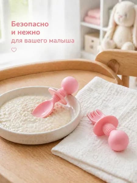 Набор Детских Приборов Для Кормления Из Пищевого Силикона, Ложка И Вилка С Ограничителем, В Футляре Для Хранения