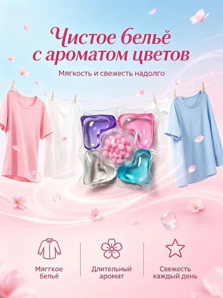Моющие капсулы для стирки пять в одном с легким свежим ароматом, упаковка 30 шт для белья