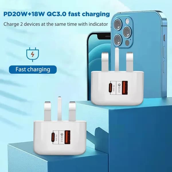 Зарядное устройство 38 Вт с технологией PD и QC3.0, два порта, белое, британский штекер