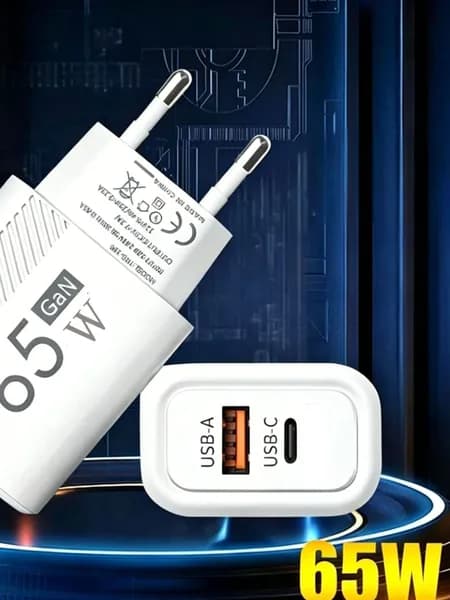 Зарядное устройство 65W GaN, быстрая зарядка PD/QC 3.0, двойной порт USB-A + USB-C, евровилка, для телефона/планшета/ноутбука, черный/белый