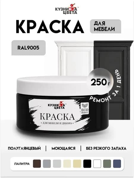 Краска для мебели, стен, дерева, бетона, металла, акриловая, полуматовая, 0.25 кг, черный, Кузница Цвета