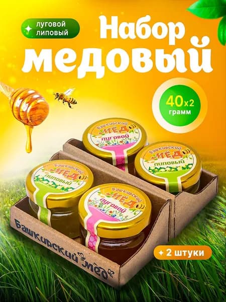 Набор "Башкирский мед" 2х40 луговой/липовый крафт с ложкой 2 шт.