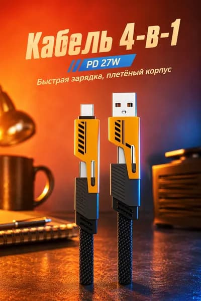 Кабель для зарядки 4-в-1, двухсторонний кабель с разъёмами Type-C и Lightning, быстрая зарядка для iPhone 15, 1,5 м, чёрный
