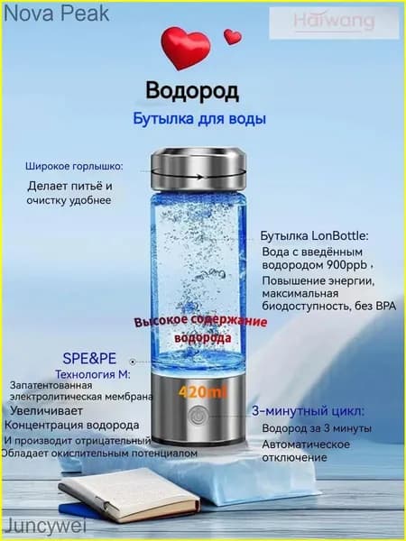 Генератор водородной воды 420 мл SPE/PEM 900ppb USB заряд без BPA