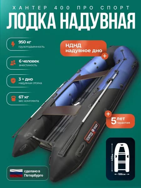 Надувная лодка пвх под мотор Хантер 400 ПРО Cпорт, синий/карб
