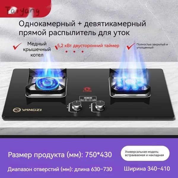 Газовая Варочная панель Двухконфорочная газовая плита, черный матовый